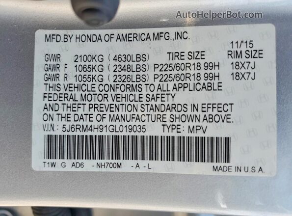 5J6RM4H91GL019035 2016 HONDA CR-V Silver Вид наклейки з VIN-кодом