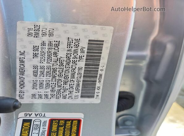 5J6RM4H91GL091160 2016 HONDA CR-V Silver Vista de la etiqueta del VIN