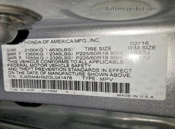 5J6RM4H92GL041478 2016 HONDA CR-V Silver Widok naklejki z numerem VIN