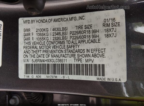 5J6RM4H93GL038511 2016 HONDA CR-V Gray Vista del compartimento del motor