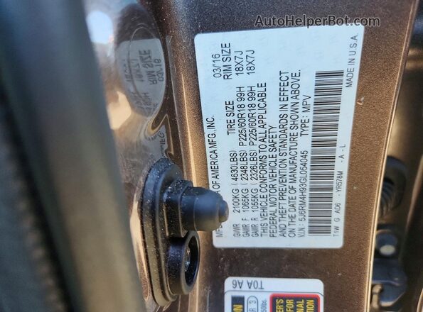5J6RM4H93GL054045 2016 HONDA CR-V Gray Вид наклейки з VIN-кодом