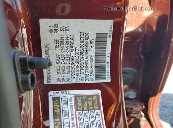5J6RM4H94GL030739 2016 HONDA CR-V Burgundy Widok naklejki z numerem VIN