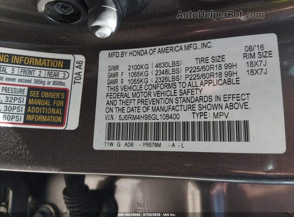 5J6RM4H95GL108400 2016 HONDA CR-V Brown Widok komory silnika