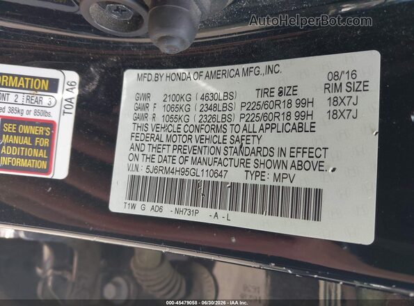5J6RM4H95GL110647 2016 HONDA CR-V Black Շարժիչի բաժամունքի տեսք