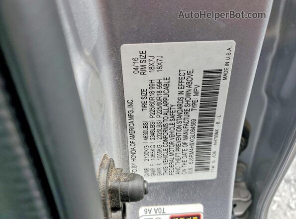 5J6RM4H9XGL064569 2016 HONDA CR-V Silver VIN კოდის სტიკერის ხედი