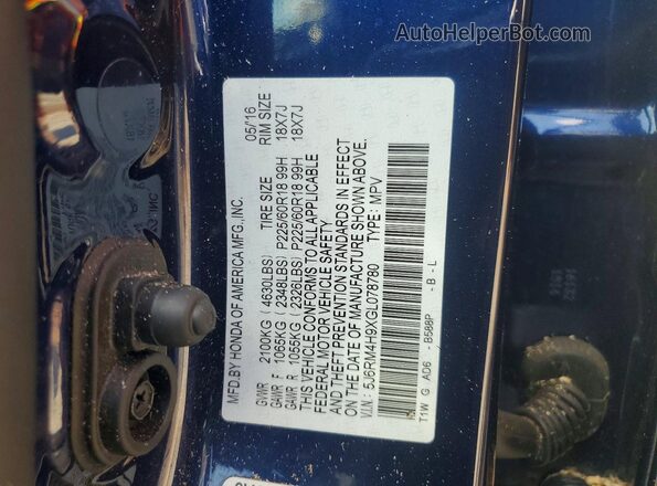 5J6RM4H9XGL078780 2016 HONDA CR-V Blue VIN կոդի պիտակի տեսք