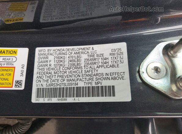 5J6RS3H27SL009184 2025 HONDA CR-V Gray VIN կոդի պիտակի տեսք