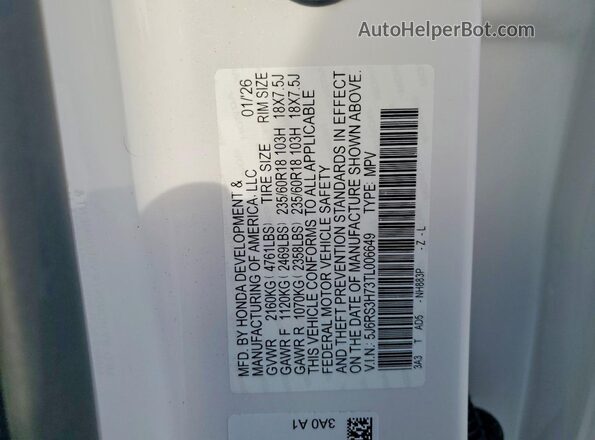 5J6RS3H73TL006649 2026 HONDA CR-V White VIN կոդի պիտակի տեսք