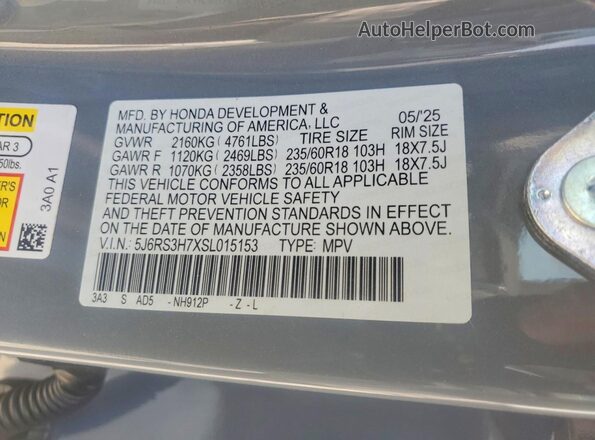 5J6RS3H7XSL015153 2025 HONDA CR-V Gray Вид наклейки з VIN-кодом