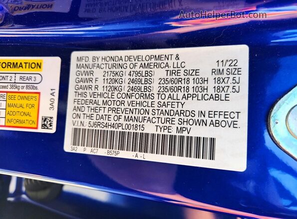 5J6RS4H40PL001815 2023 HONDA CR-V Blue Вид наклейки з VIN-кодом