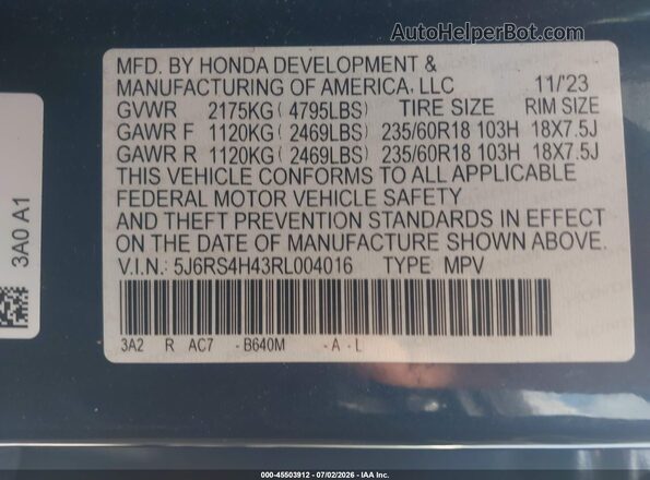 5J6RS4H43RL004016 2024 HONDA CR-V Синий Вид подкапотного пространства