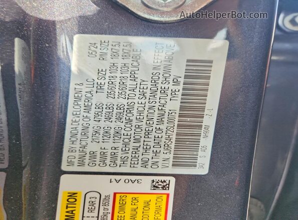 5J6RS4H72SL000751 2025 HONDA CR-V Charcoal Вид наклейки з VIN-кодом