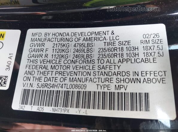 5J6RS4H74TL008609 2026 HONDA CR-V Черный Вид наклейки с VIN-кодом