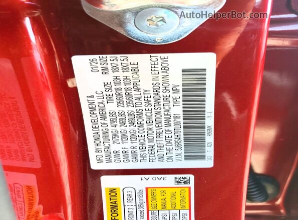 5J6RS4H79TL007181 2026 HONDA CR-V Red VIN sticker view