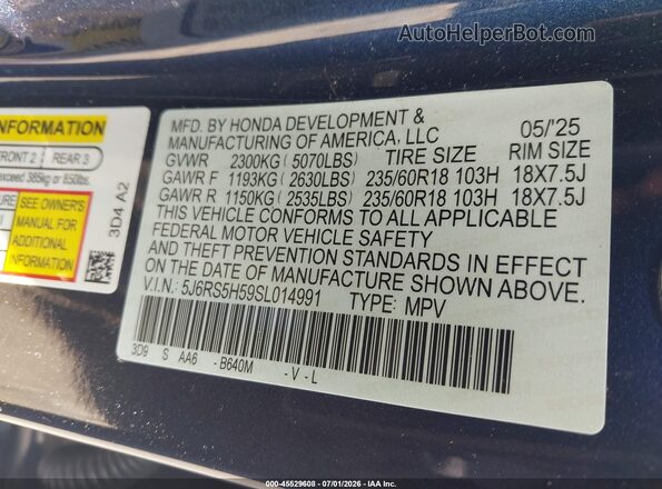5J6RS5H59SL014991 2025 HONDA CR-V Blue Vista del compartimento del motor