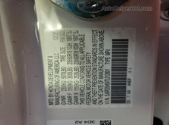 5J6RS5H5XTL012801 2026 HONDA CR-V White VIN sticker view