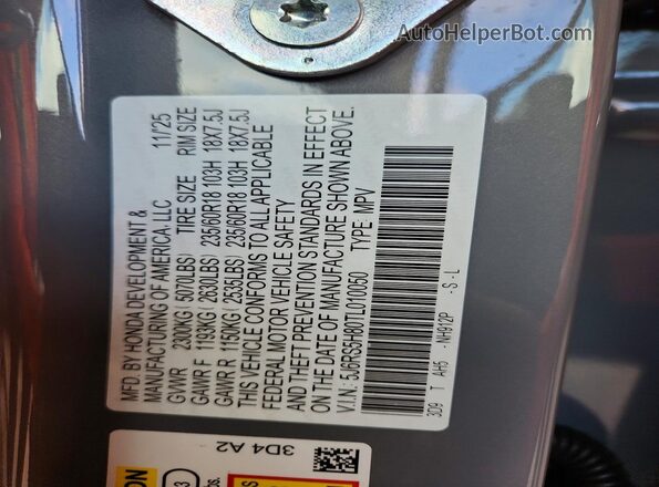 5J6RS5H80TL010050 2026 HONDA CR-V Gray Vista de la etiqueta del VIN