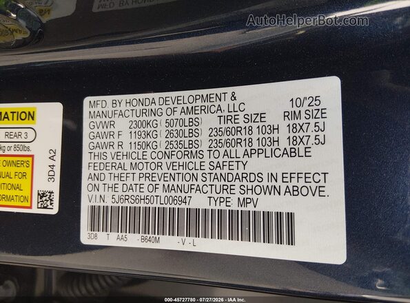 5J6RS6H50TL006947 2026 HONDA CR-V Синий Вид подкапотного пространства