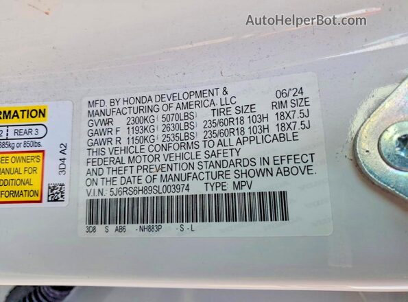 5J6RS6H89SL003974 2025 HONDA CR-V White VIN sticker view