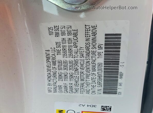 5J6RS6H8XTL007050 2026 HONDA CR-V White VIN sticker view