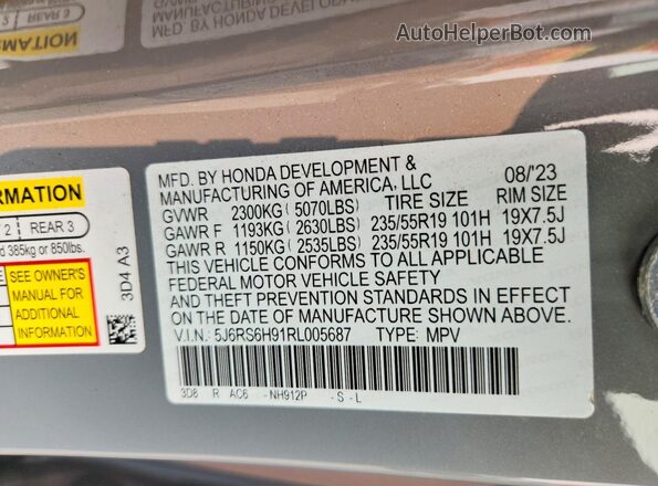 5J6RS6H91RL005687 2024 HONDA CR-V Gray Vista de la etiqueta del VIN
