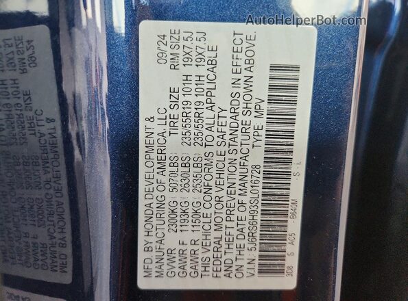 5J6RS6H93SL016728 2025 HONDA CR-V Синий Панорамный вид салона 360°