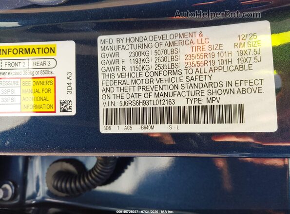 5J6RS6H93TL012163 2026 HONDA CR-V Blue ძრავის განყოფილების ხედი