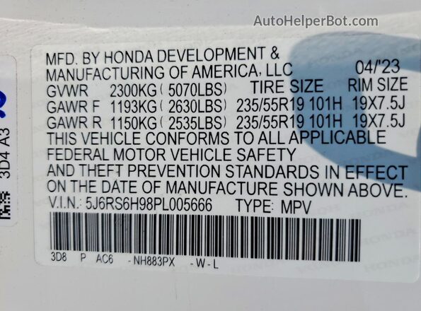 5J6RS6H98PL005666 2023 HONDA CR-V White Widok naklejki z numerem VIN