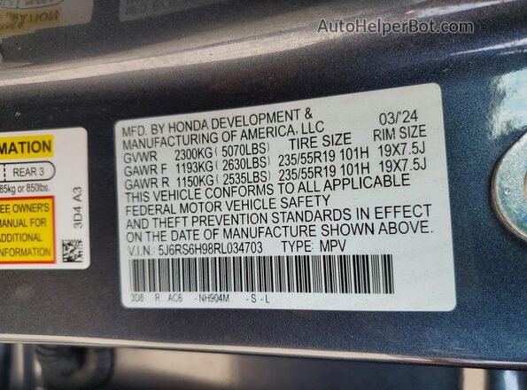 5J6RS6H98RL034703 2024 HONDA CR-V Серый Вид наклейки с VIN-кодом