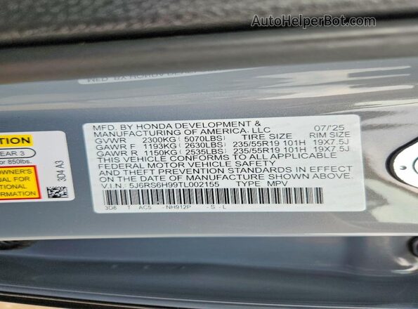 5J6RS6H99TL002155 2026 HONDA CR-V Silver VIN sticker view