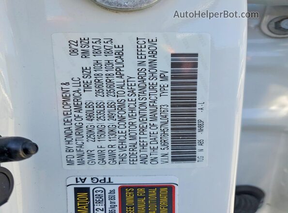 5J6RT6H57NL047673 2022 HONDA CR-V White VIN sticker view