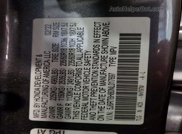 5J6RT6H80NL017697 2022 HONDA CR-V Серый Вид наклейки с VIN-кодом
