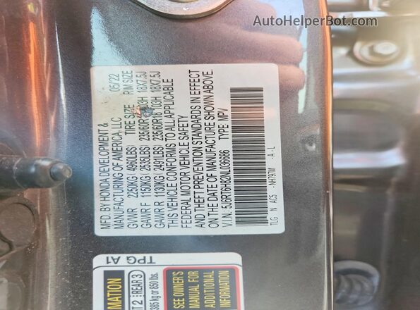 5J6RT6H82NL036686 2022 HONDA CR-V Gray Vista de la etiqueta del VIN
