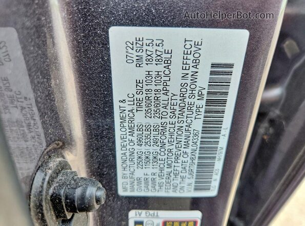 5J6RT6H8XNL043367 2022 HONDA CR-V Gray VIN կոդի պիտակի տեսք