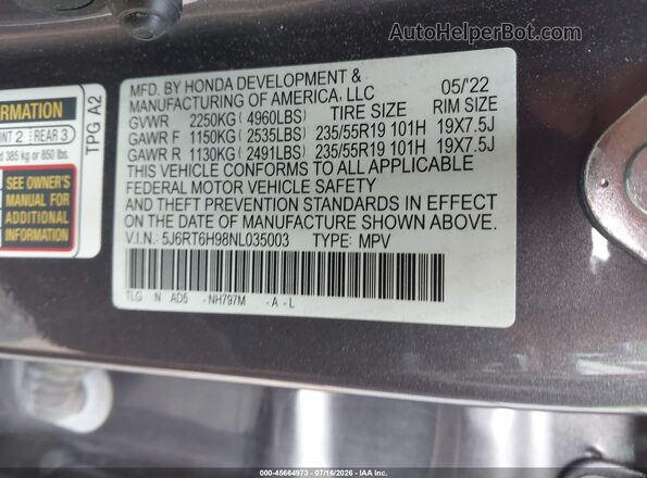 5J6RT6H98NL035003 2022 HONDA CR-V Серый Вид подкапотного пространства