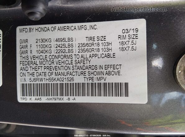 5J6RW1H55KA021526 2019 HONDA CR-V Gray Vista del compartimento del motor