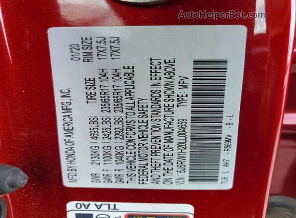 5J6RW1H20LL004659 2020 HONDA CR-V Red VIN sticker view