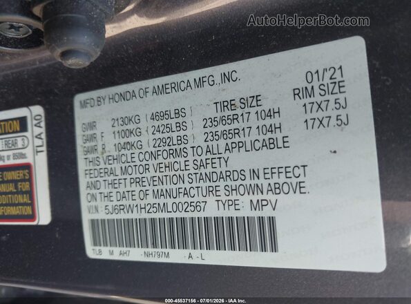 5J6RW1H25ML002567 2021 HONDA CR-V Gray Շարժիչի բաժամունքի տեսք