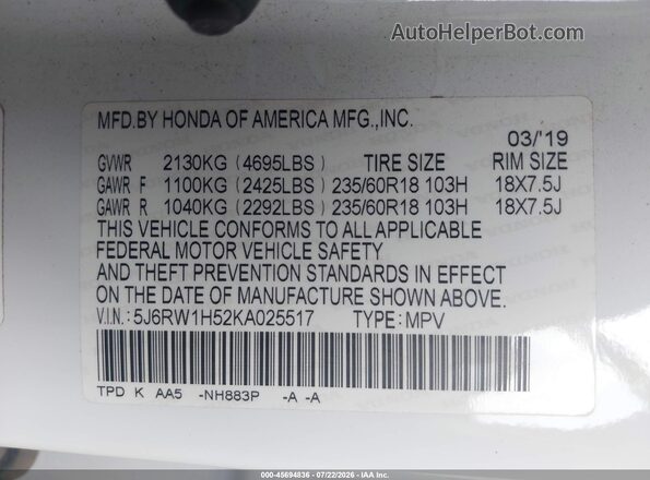 5J6RW1H52KA025517 2019 HONDA CR-V Белый Вид подкапотного пространства