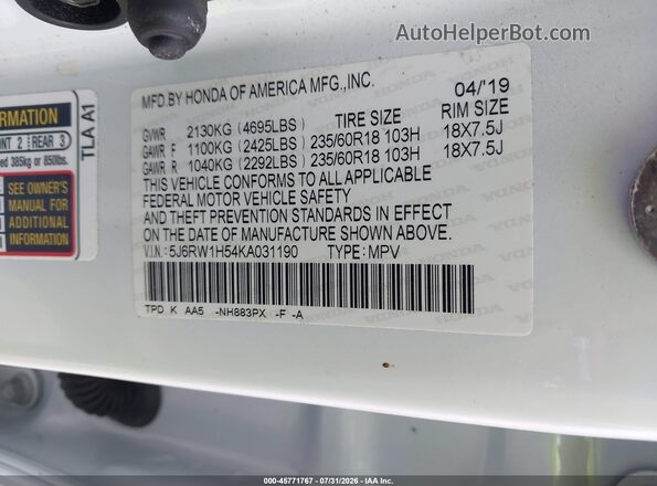 5J6RW1H54KA031190 2019 HONDA CR-V White Vista del compartimento del motor