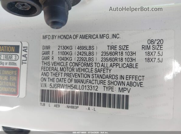 5J6RW1H54LL013312 2020 HONDA CR-V Белый Вид подкапотного пространства