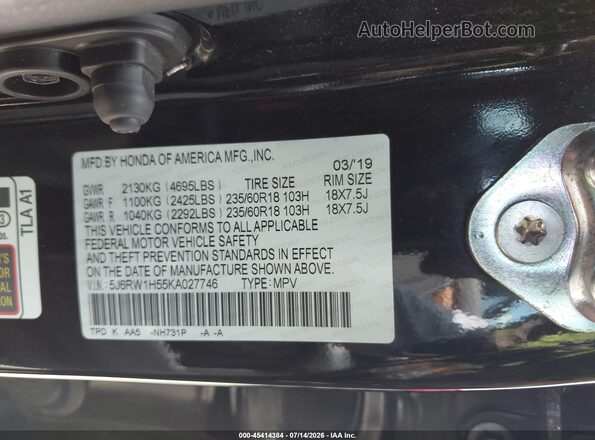 5J6RW1H55KA027746 2019 HONDA CR-V Black Вид підкапотного простору