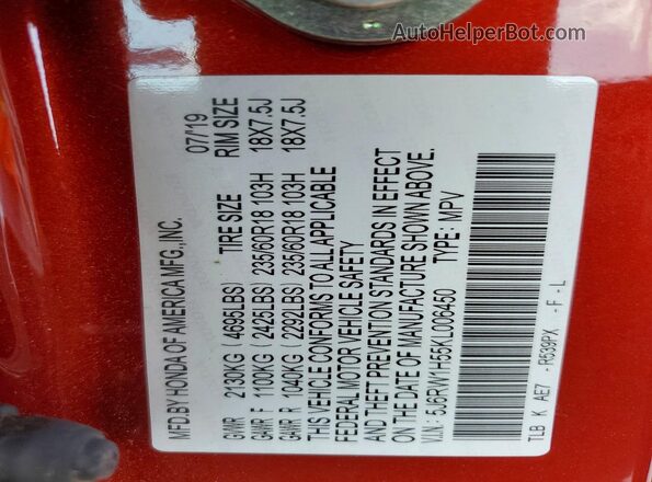 5J6RW1H55KL006450 2019 HONDA CR-V Red Вид наклейки з VIN-кодом