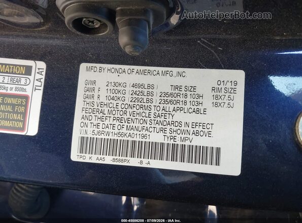 5J6RW1H56KA011961 2019 HONDA CR-V Blue Շարժիչի բաժամունքի տեսք