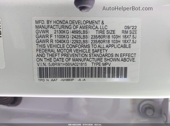 5J6RW1H56NA021815 2022 HONDA CR-V White Vista del compartimento del motor