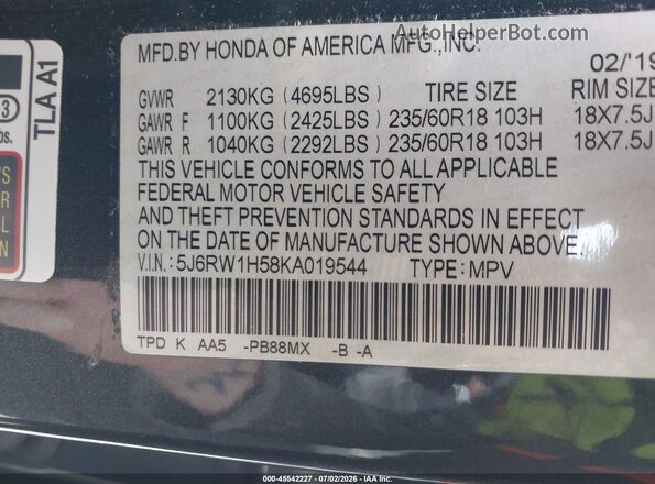 5J6RW1H58KA019544 2019 HONDA CR-V Gray Вид підкапотного простору