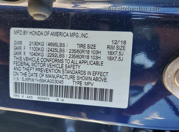 5J6RW1H59KA003045 2019 HONDA CR-V Синий Вид наклейки с VIN-кодом