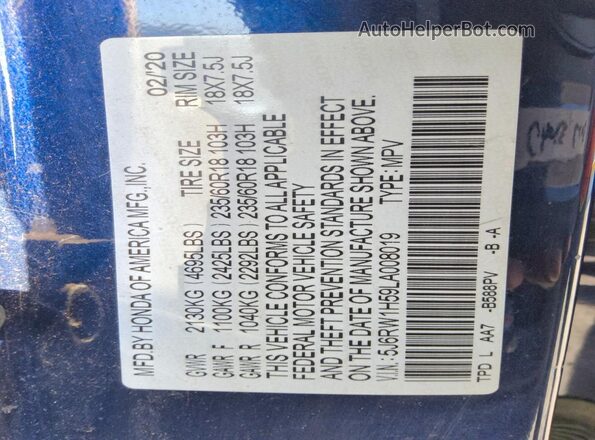5J6RW1H59LA008019 2020 HONDA CR-V Purple Панорамний вид салону 360°