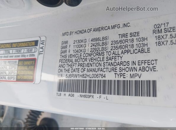 5J6RW1H82HL006764 2017 HONDA CR-V White Widok komory silnika
