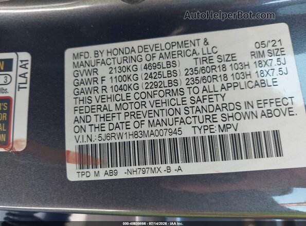 5J6RW1H83MA007945 2021 HONDA CR-V Gray Engine compartment view